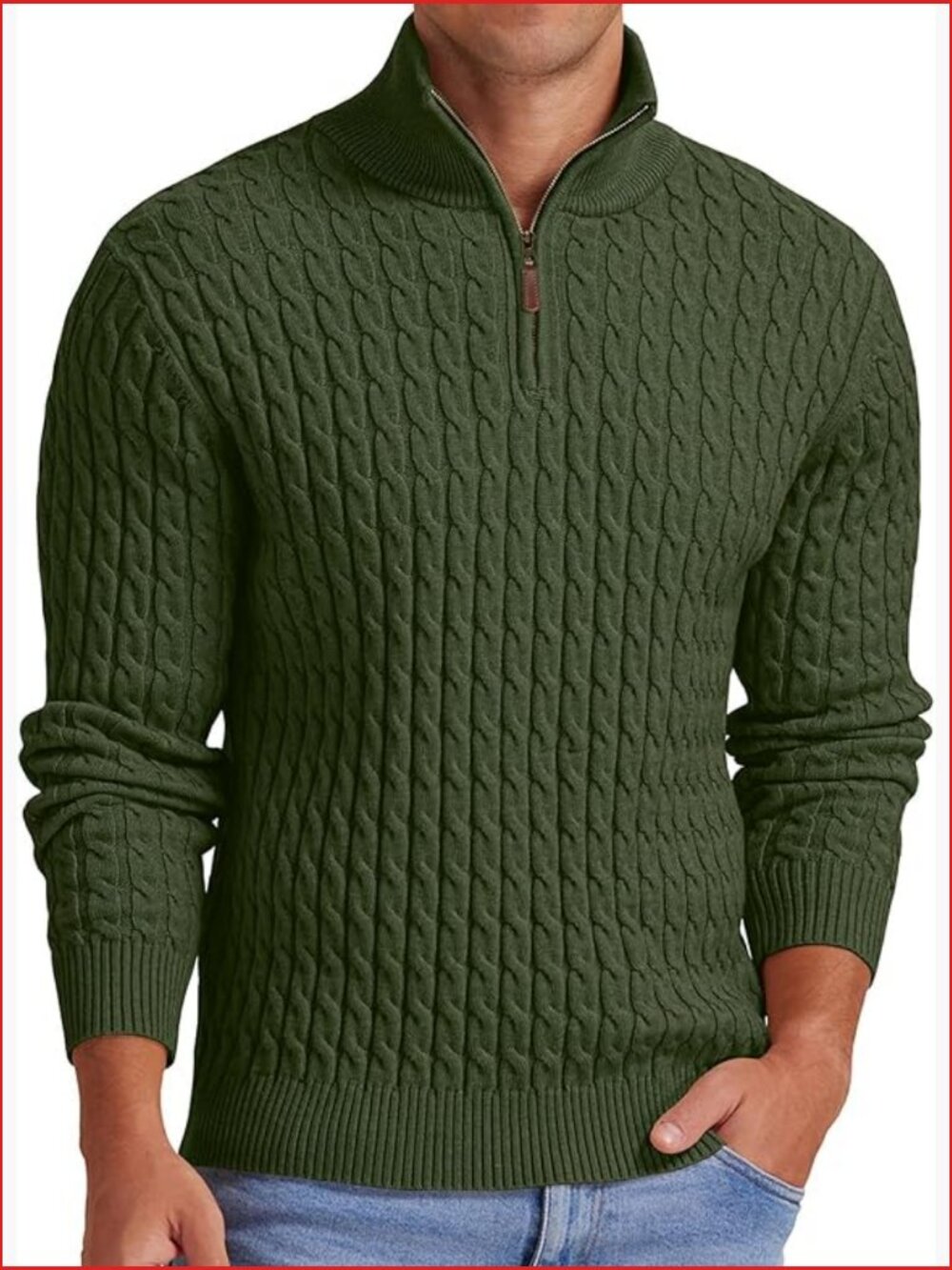 Men's Quarter Zip Cable Knit Pullover Sweater Mock Neck Cashmere Touch